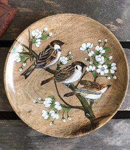 Guraiya/sparrow designer wood plate with white flowers 8"