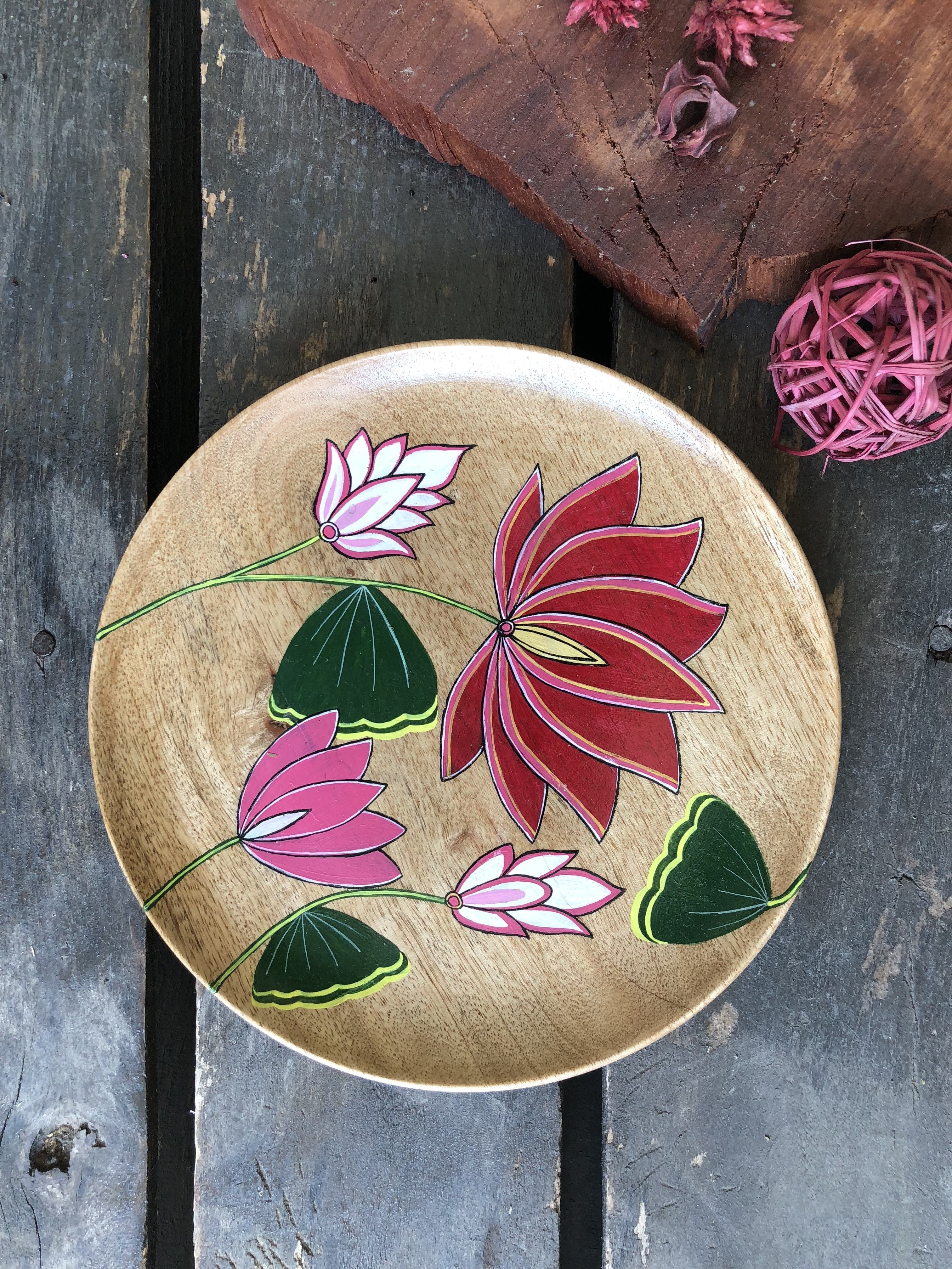 Pichwai Lotus designer wood plate D1 8"