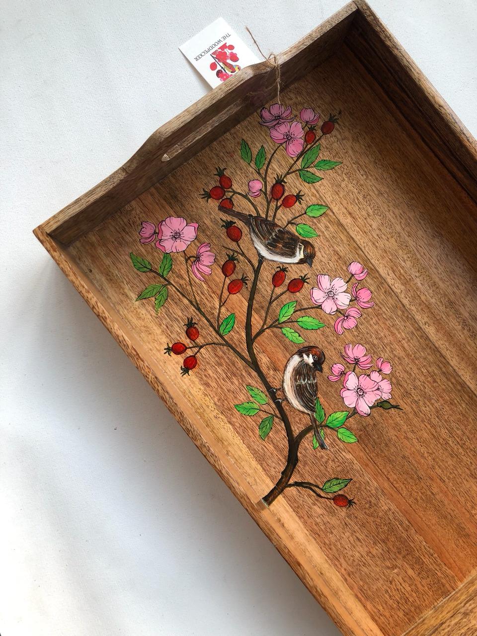 Exquisite - Sparrow and pink flower bloom 18"x12"