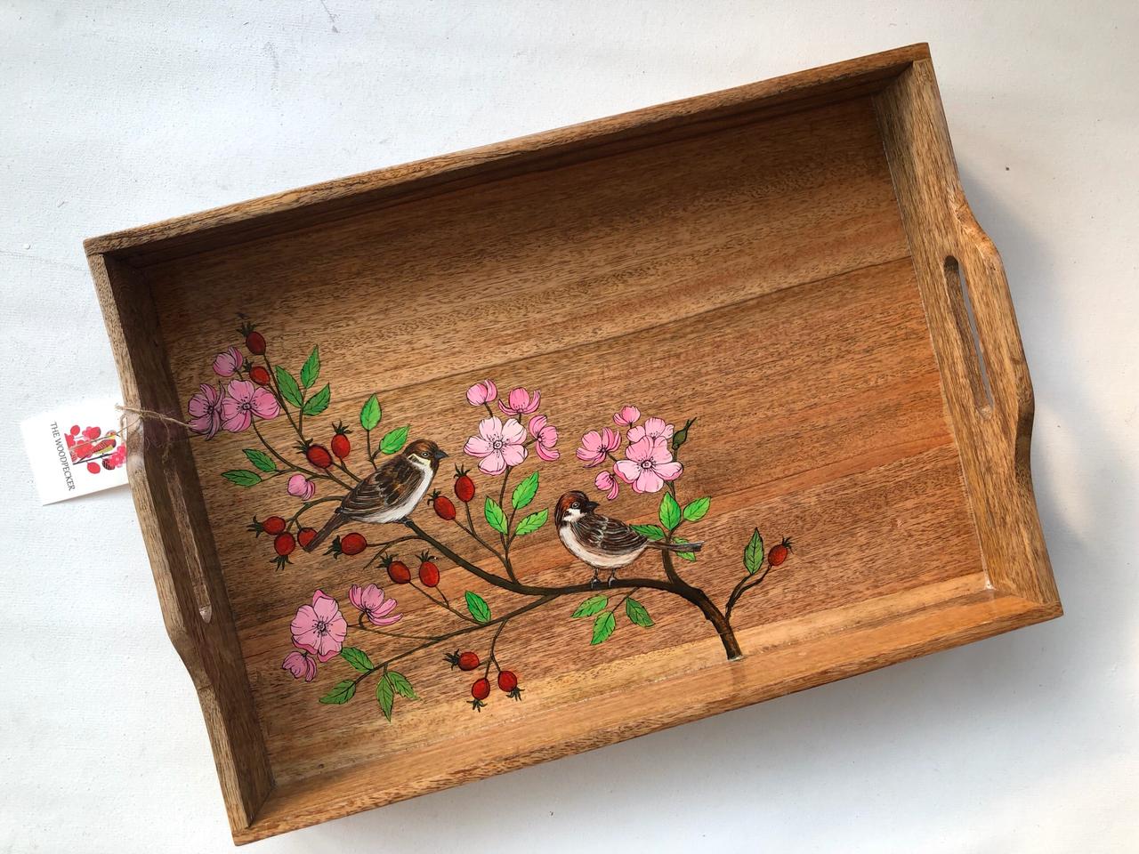 Exquisite - Sparrow and pink flower bloom 18"x12"