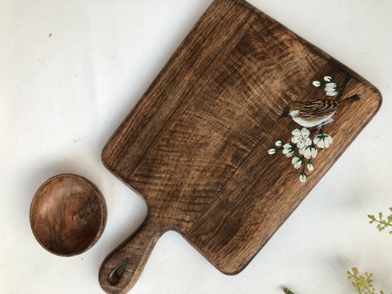 Sparrow wood handle Platter 15" x 9"