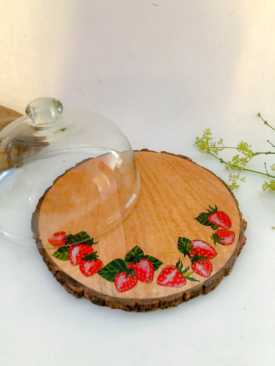10" Strawberry Bark Platter with Glass Cloche