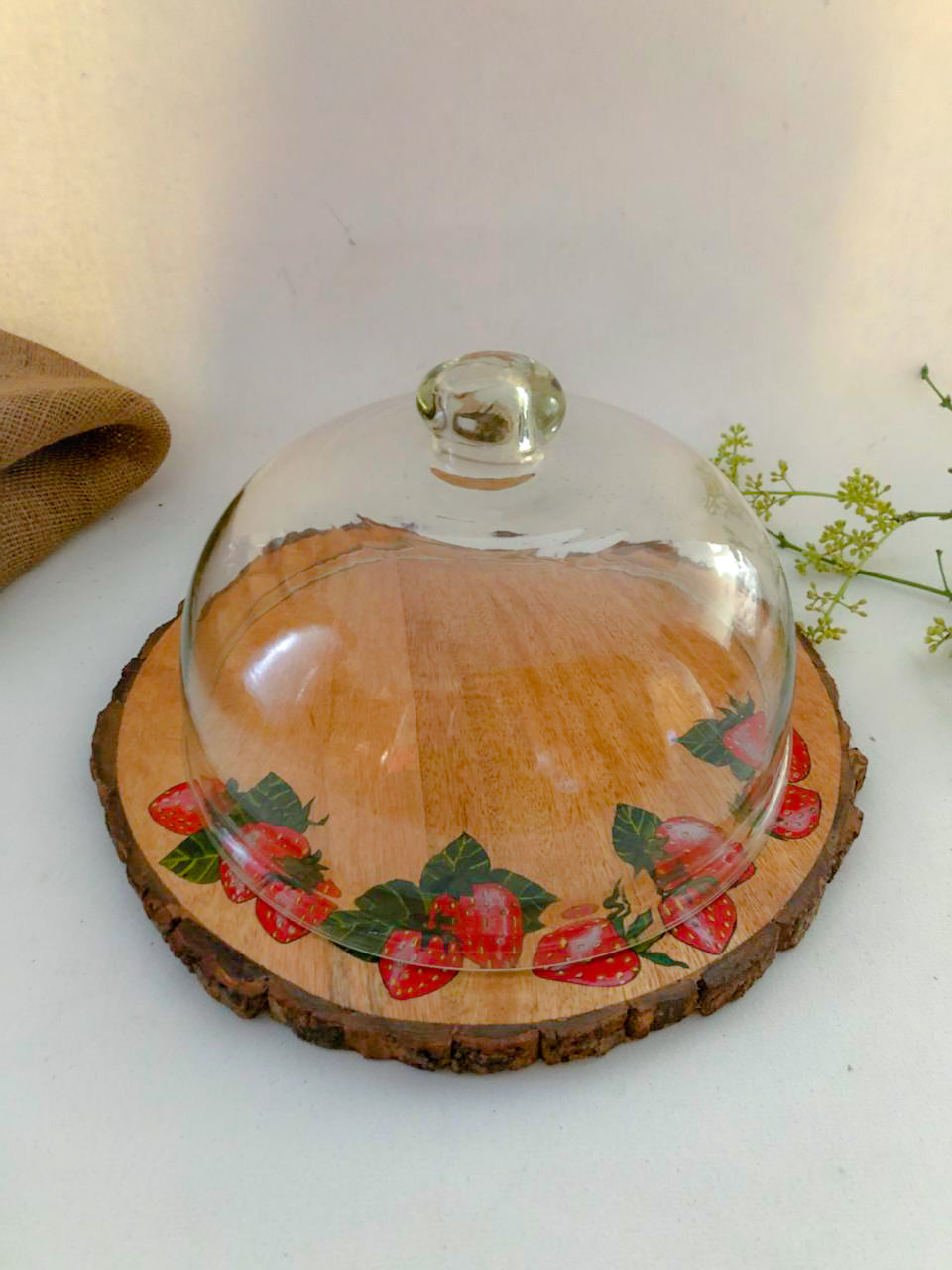 10" Strawberry Bark Platter with Glass Cloche